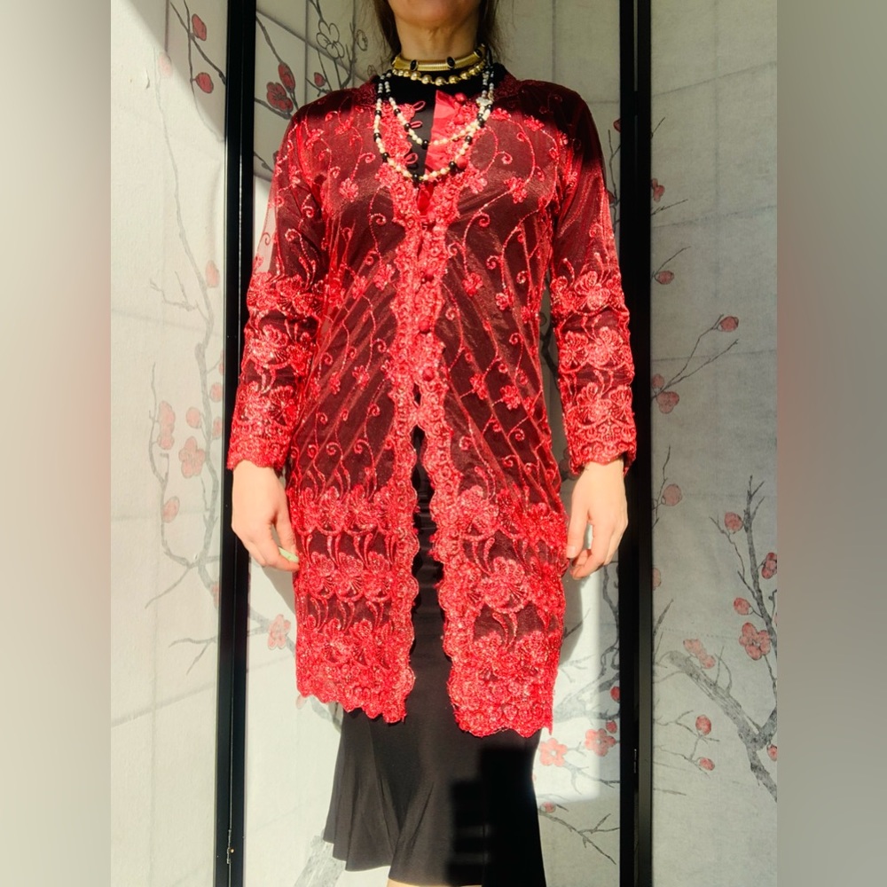 Anthropologie Metallic Mesh Mermaidcore Indie INDIAN Tribal Core Red Kurta Kurti